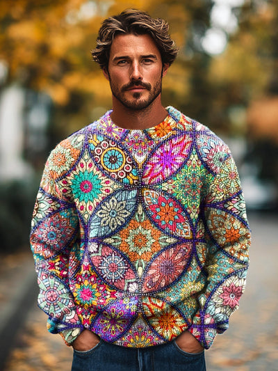 Gentleman Vintage Multicolor Mandala Art Print Knit Crew Neck Pullover Shirt