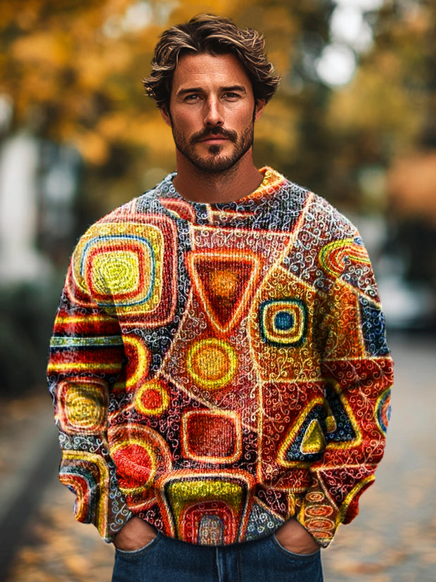 Gentleman Vintage Colorful Geometric Art Print Knit Crew Neck Pullover Sweater