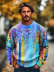 Gentleman's Vintage Multicolor Abstract Gradient Art Printed Knit Crew Neck Pullover