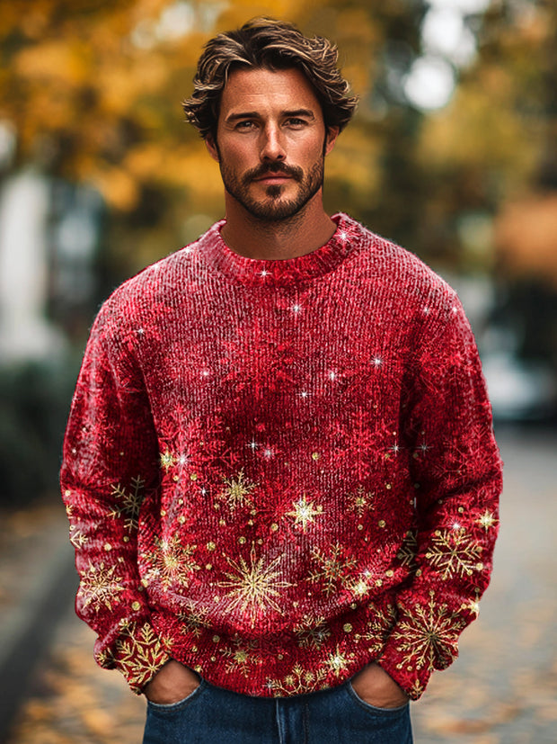 Gentleman Vintage Christmas Gold Snowflake Art Print Knit Crew Neck Pullover