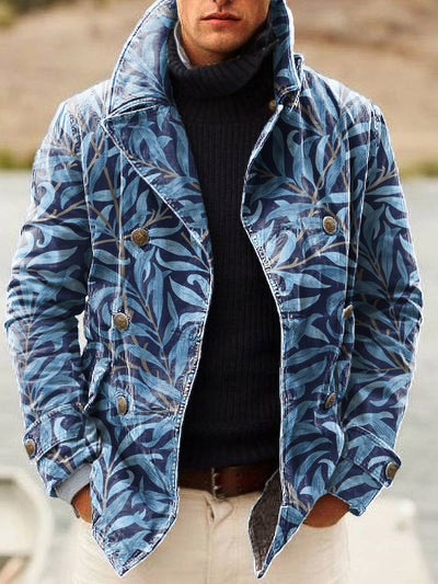 Gentleman Vintage Abstract Leaf Art Print Lapel Double Breasted Jacket