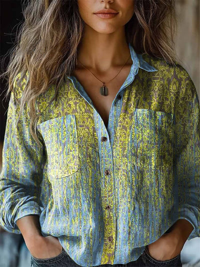 Women's Retro Gradient Ethnic Art Printed Cotton Linen Lapel Long Sleeve Shirt