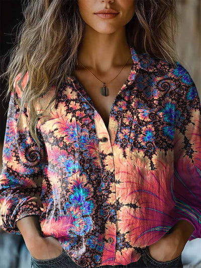 Women's Vintage Gradient Swirl Art Print Cotton Linen Lapel Long Sleeve Shirt