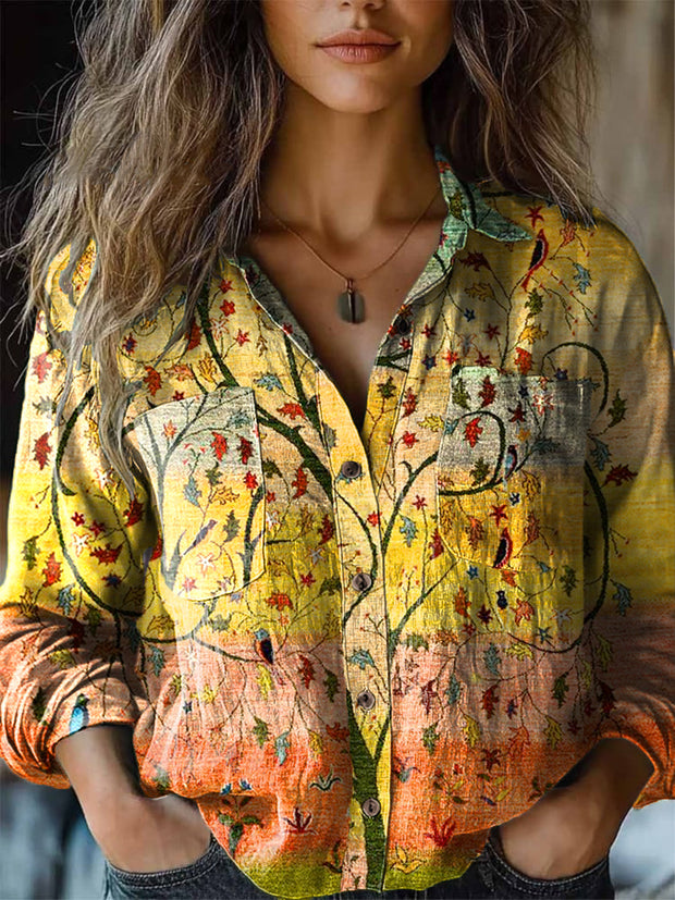 Women's Vintage Gradient Color Floral Art Print Cotton Linen Lapel Long Sleeve Shirt