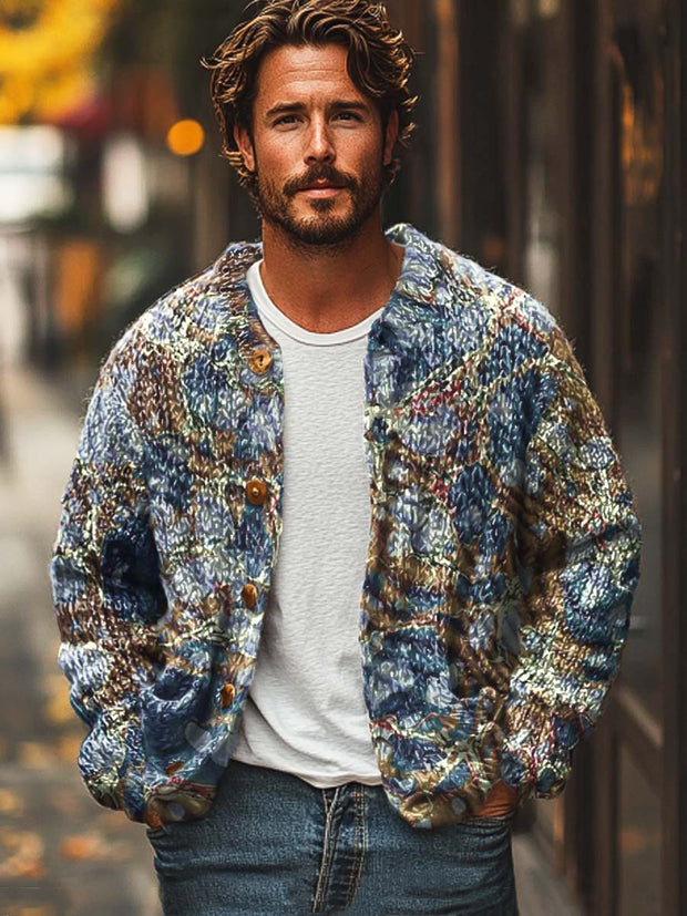 Gentleman's vintage textured art print sweater cardigan