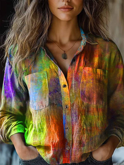 Women's Vintage Abstract Color Swoosh Art Print Cotton Long Sleeve Lapel Shirt