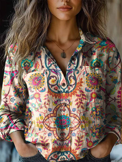 Women's Retro Ethnic Floral Art Print Cotton Long Sleeve Lapel Shirt