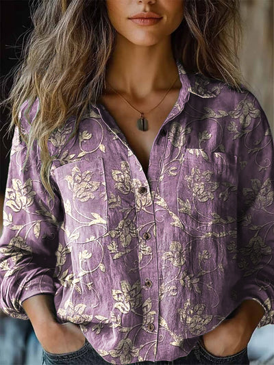 Women's Vintage Purple Romantic Floral Art Print Cotton Long Sleeve Lapel Shirt