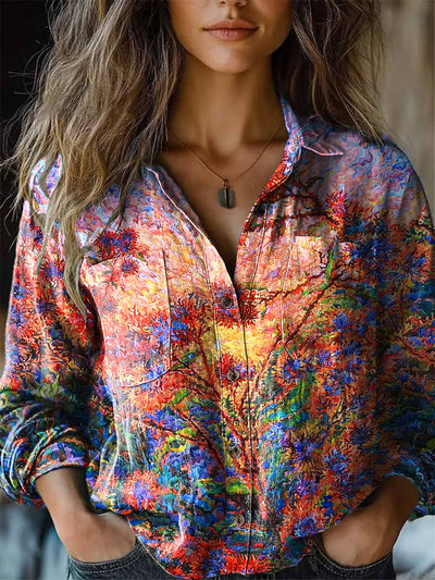 Women's Abstract Colorful Floral Art Print Cotton Long Sleeve Lapel Shirt