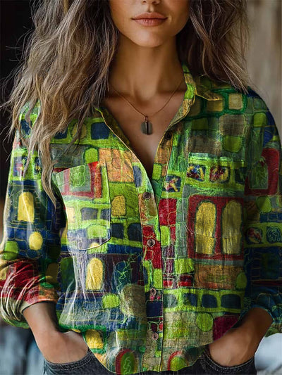 Women's Abstract Geometric Art Print Cotton Long Sleeve Lapel Shirt