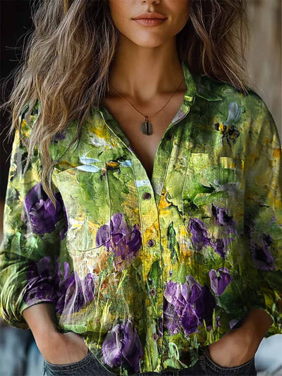 Women's Abstract Oil Painting Art Print Cotton Long Sleeve Lapel Shirt