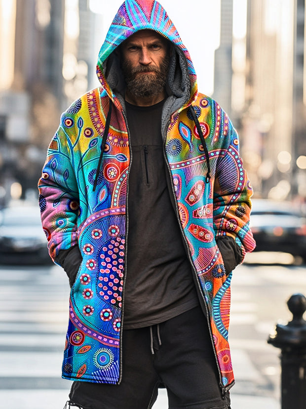 Gentleman Casual Abstract Multicolor Art Print Hooded Plush Thick Zipper Jacket