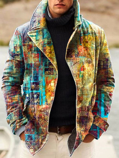 Gentleman Vintage Abstract Gradient Graffiti Art Print Lapel Double Breasted Jacket