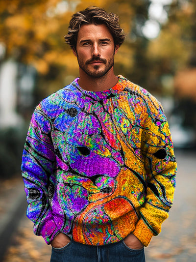 Gentleman's Vintage Gradient Color Line Art Print Knit Crew Neck Pullover Shirt