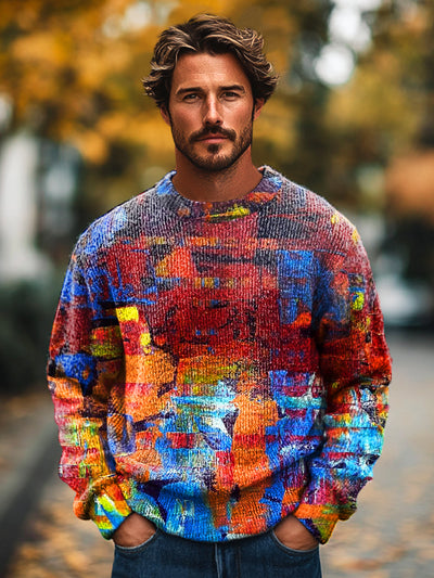 Gentleman Vintage Abstract Graffiti Art Print Knit Crew Neck Pullover