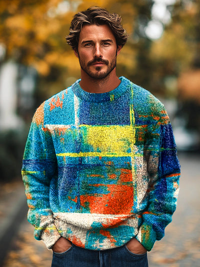 Gentleman's Vintage Abstract Colorblock Art Print Knit Crew Neck Pullover Hoodie