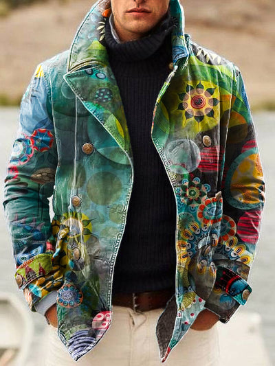 Gentleman Vintage Colorful Irregular Art Print Lapel Double Breasted Jacket