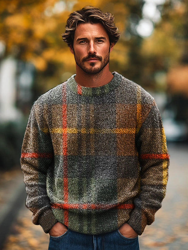 Gentleman's Vintage Plaid Art Print Knit Crew Neck Pullover