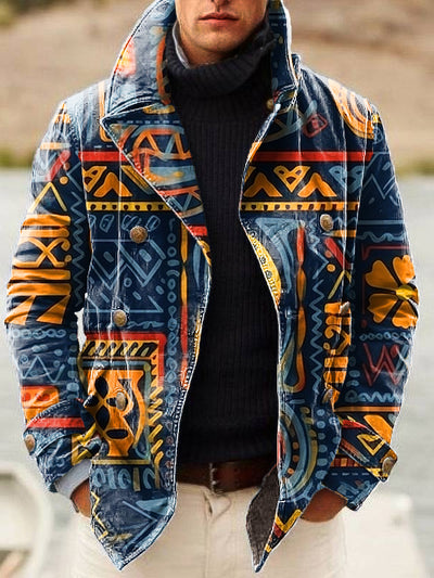 Gentleman Vintage Ethnic Pattern Art Print Lapel Double Breasted Jacket