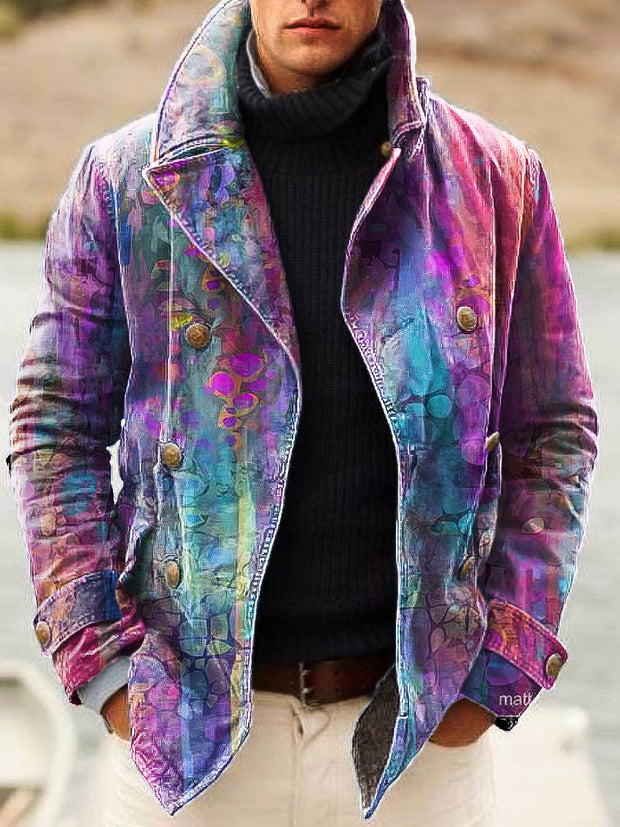 Gentleman Vintage Gradient Multicolor Art Print Lapel Double Breasted Jacket