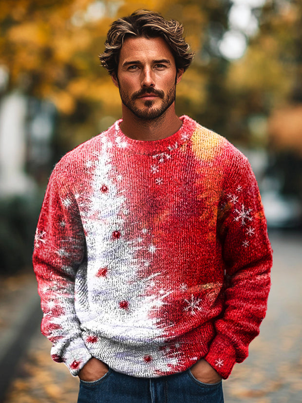 Gentleman Vintage Abstract Christmas Tree Art Print Knit Crew Neck Pullover Shirt