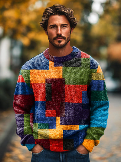 Gentleman's Vintage Colorblock Patchwork Art Print Knit Crew Neck Pullover Hoodie