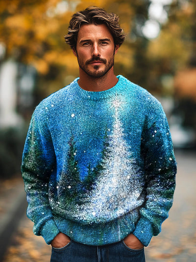 Gentleman Vintage White Christmas Tree Art Print Knit Crew Neck Pullover Sweatshirt