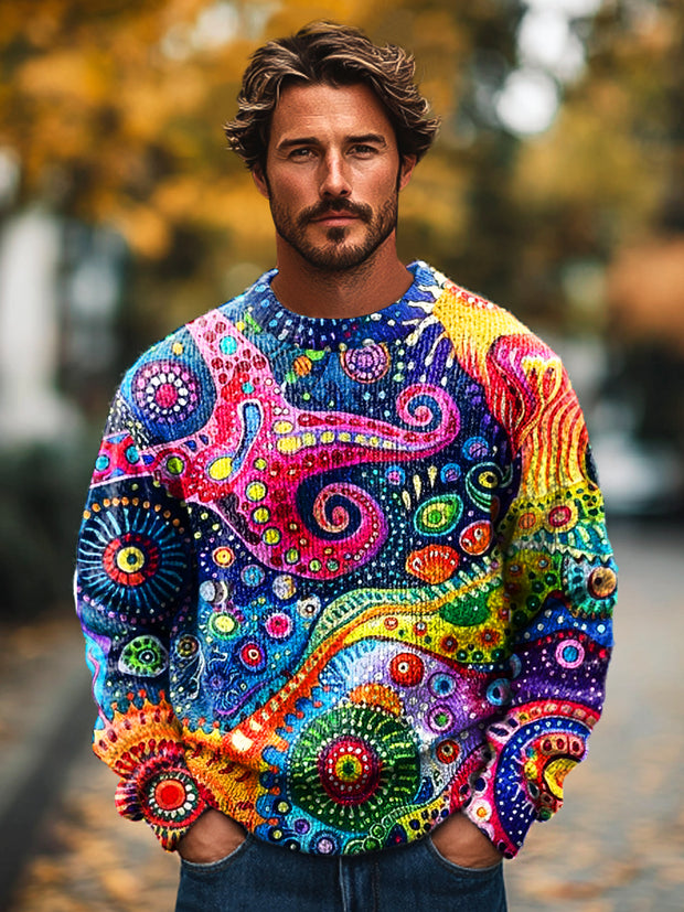 Gentleman Vintage Abstract Colorful Starfish Art Print Knit Crew Neck Pullover Sweater