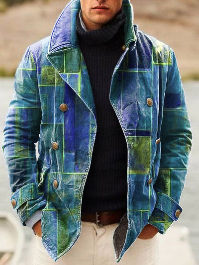 Gentleman Vintage Abstract Color Block Art Print Lapel Double Breasted Jacket