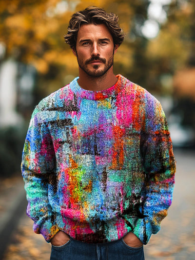 Gentleman Vintage Abstract Colorful Graffiti Art Print Knit Crew Neck Pullover