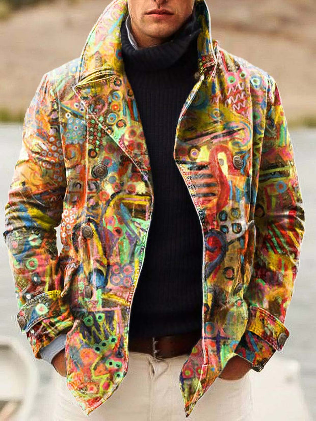 Men's brightly colored graffiti art print double-breasted jacket