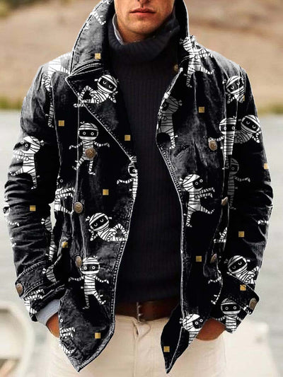 Men's abstract strappy cartoon character print double-breasted jacket