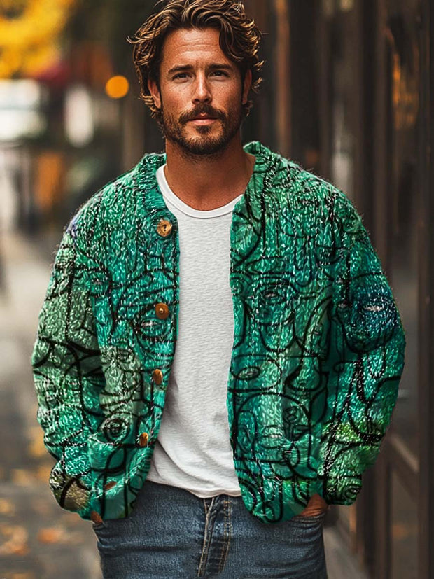 Men's modern art abstract face print sweater cardigan