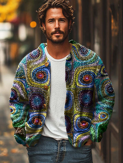 Men's irregular abstract lines color block print sweater cardigan