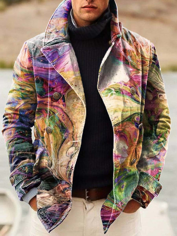 Men's abstract fluid smudge print double-breasted jacket