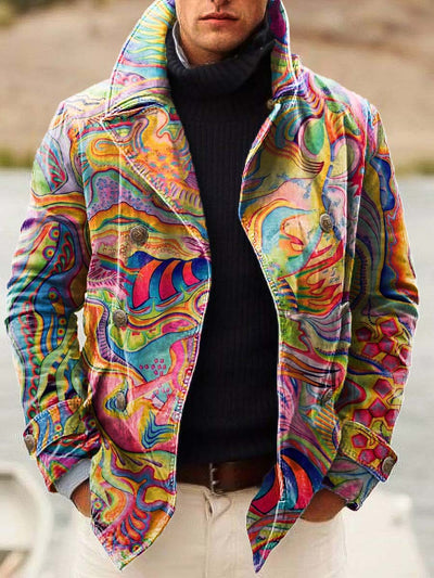 Men's Colorful Abstract Art Print Double-Breasted Jacket