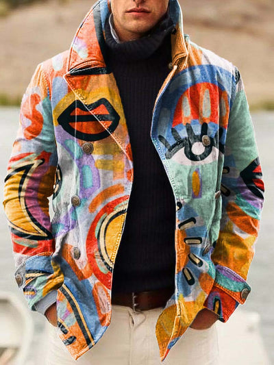 Men's abstract facial features graffiti print double-breasted jacket