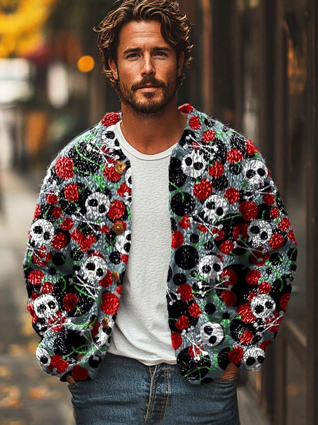 Men's cherry skull print sweater cardigan