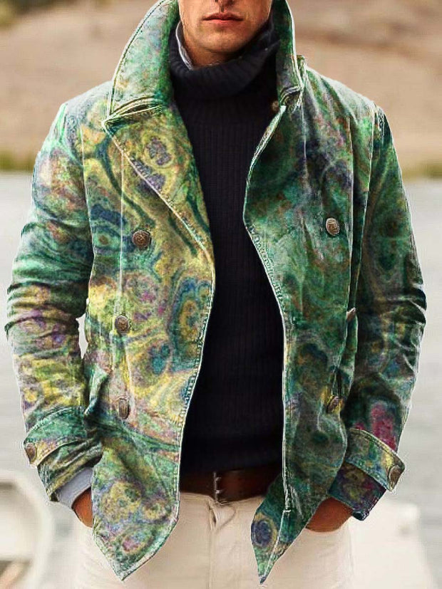 Men's abstract textured art print double-breasted jacket