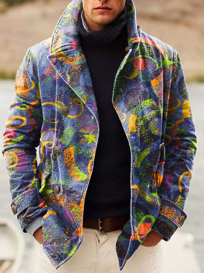 Men's trendy and versatile fashion print double-breasted jacket