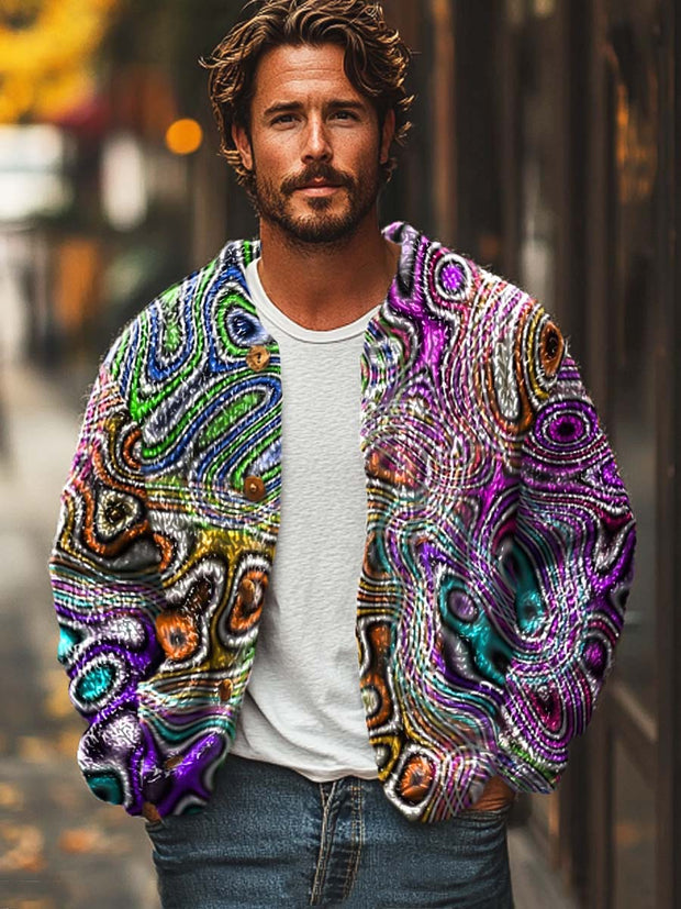 Men's abstract lines irregularly printed sweater cardigan