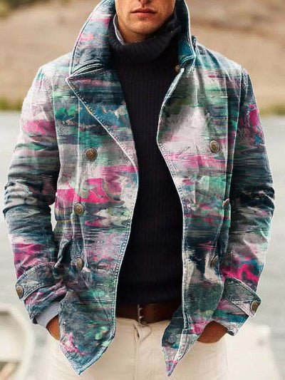 Men's fashion multi-breasted jacket with colorful smudge art print