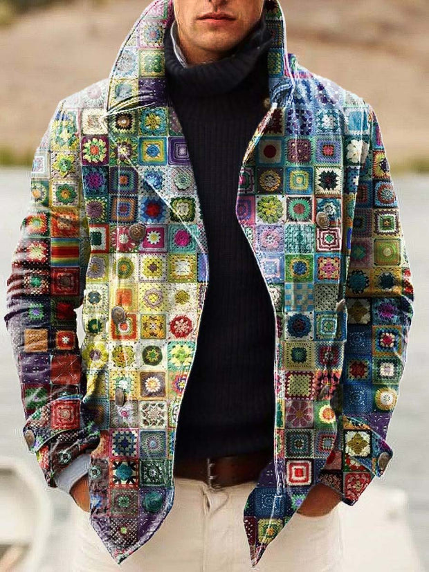 Men's fashion patchwork print double-breasted jacket