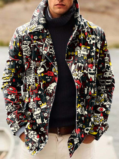 Men's abstract cartoon character print double-breasted jacket