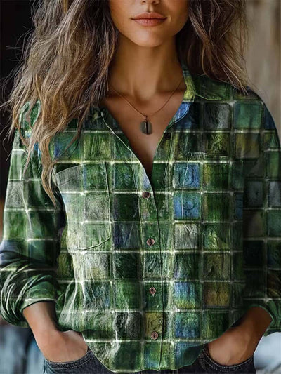 Women's crystal block fashion print long-sleeved shirt