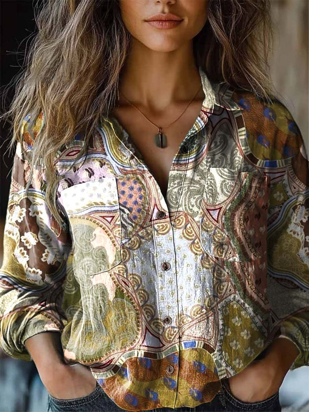 Women's vintage patchwork trend print long sleeve shirt