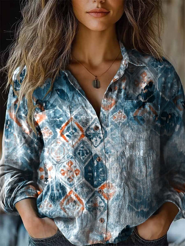 Women's vintage ethnic blend print long-sleeved shirt