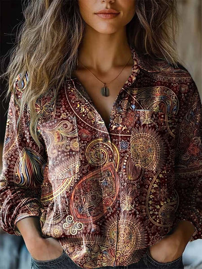 Women's vintage elegance temperament print long-sleeved shirt