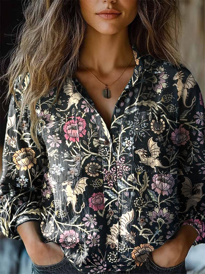 Women's Retro Cute Floral Art Print Cotton Linen Lapel Long Sleeve Shirt