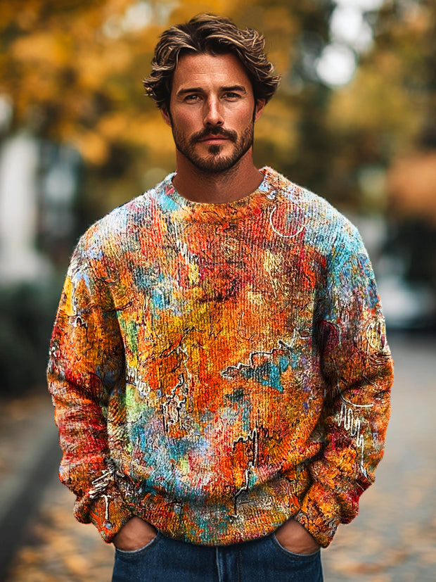 Gentleman's Vintage Abstract Multicolor Graffiti Art Print Knit Crew Neck Pullover